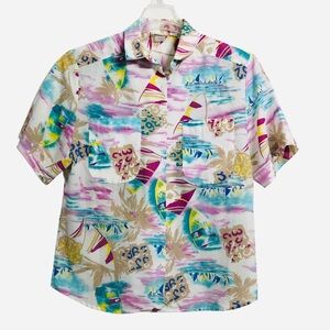 Pykettes Vintage Tropical Beach theme Short Sleeve button down shirt Size M